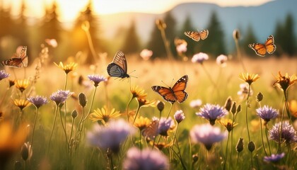 Tranquil Meadow Bliss: A Serene Landscape Abound with Blossoms, Butterflies, and Bees. Generative AI
