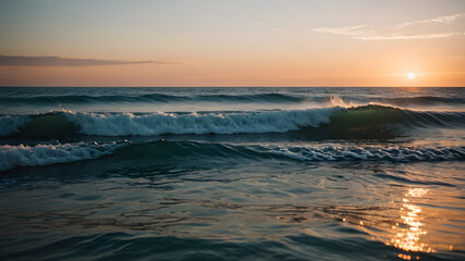 Sunset light glistening on tranquil ocean waves, creating a serene scene.