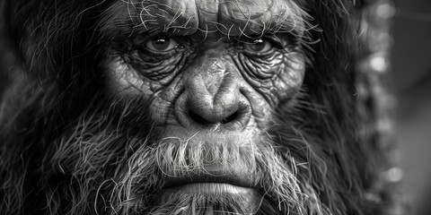 Black and white detailed photo realistic bigfoot sasquatch face in the deep forest woods