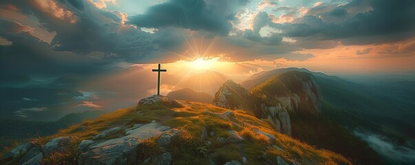 Crucifix at the top of a Mountain with Sunlight Breaking through the Clouds. Inspirational Christian Image.
