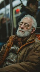 Obraz premium A middle-aged man sleeping in a seat in a subway car