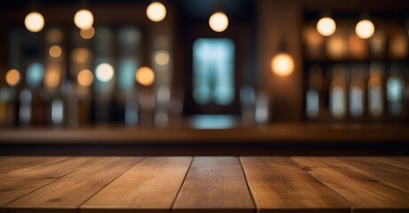 Empty wooden table top with blurred bar, cafe, restaurant background for product placement. Product...