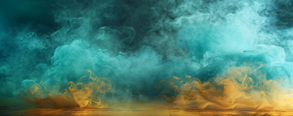 Deep aqua smoke abstract background wafts over a rich gold floor.