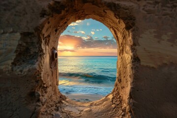 Seascape in the hole of the wall. Oval window from which you can see the sea, the beach, the sand