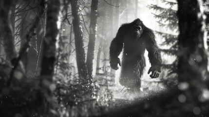 Black and white detailed photo realistic bigfoot sasquatch walking in the deep forest woods