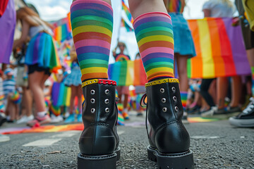 The image captures a festive scene at a Pride parade, focusing on a pair of legs adorned with rainbow-striped socks and black boots with colorful buckles, set against a backdrop of colorful flags and 