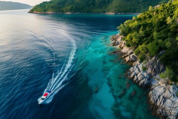 Aerial drone view luxury yacht cruising near tropical island on crystal clear waters blue lagoon