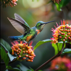 Fototapeta premium Hummingbird Feeding on Vibrant Flowers in Natural Habitat