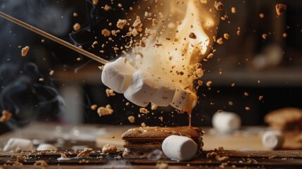 A marshmallow tower collapsing in slow motion as it is pulled off of the stick and onto a smore.
