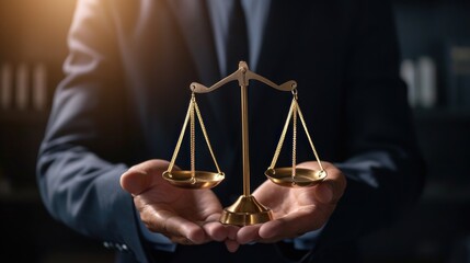 Lawyer touches balance of justice icon on bokeh background