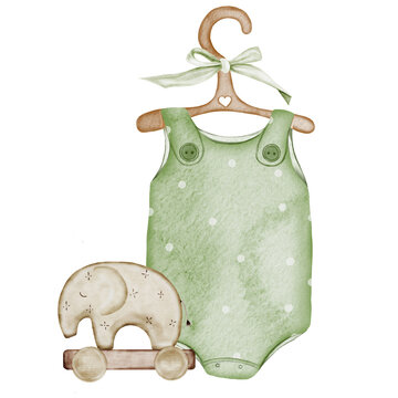 recommend clip art: Baby clothes watercolor. Children's bodysuit hand drawing isolated on white background. Clip art romper in pastel colors on a wooden hanger with a bow and elephant toy. For the design of children's