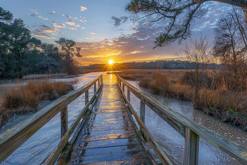 A wooden bridge over a river in an open field at sunrise. A rustic wooden walkway leads across the flowing water with trees and grass on both sides. Created with Ai