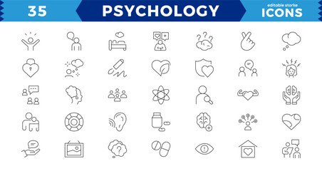 Pixel Perfect Psychology and mental line icons collection.minimal thin line web icon set. Big UI icon set in a flat design. Thin outline icons pack, editable stroke.