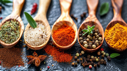 Various spices in wooden spoons on a black stone background.