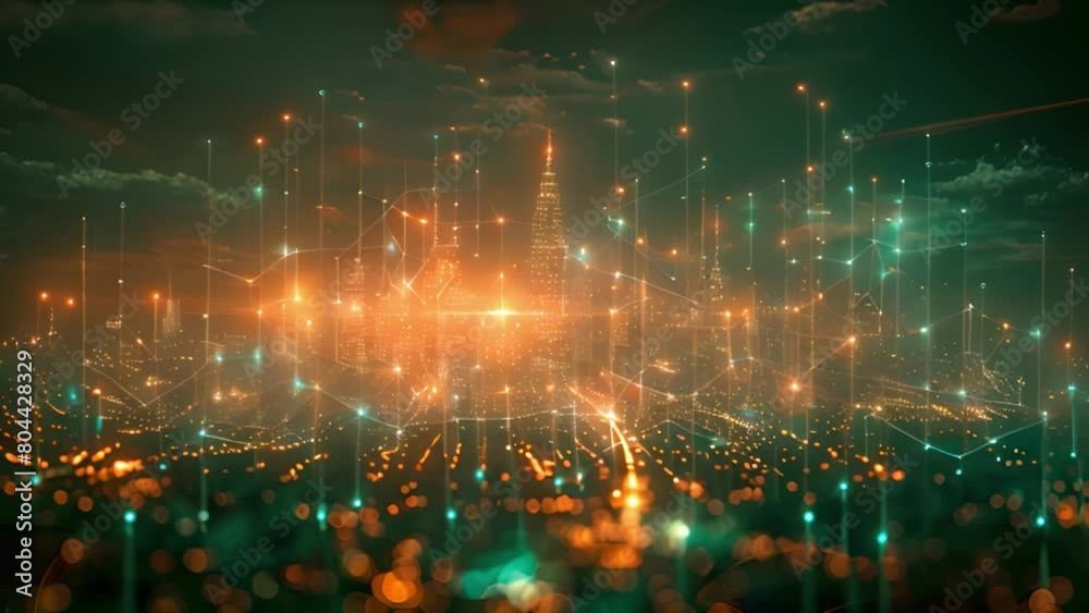 Aufkleber glowing network nodes and lines overlay a nocturnal city skyline.