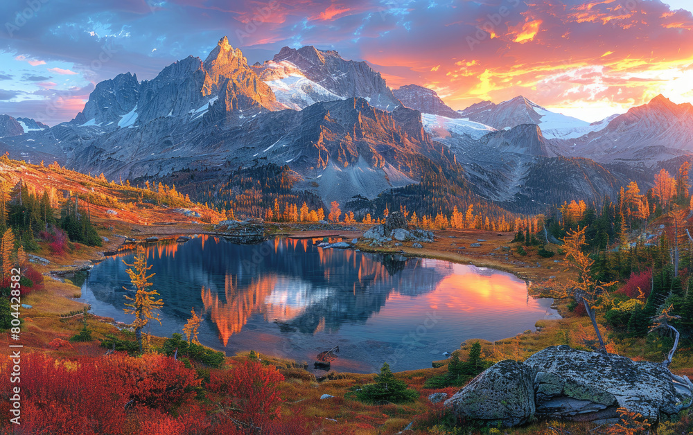 Wall mural A breathtaking panoramic view of the Tianjin Mountains shows an alpine lake reflecting the golden hues of autumn foliage and distant peaks. Created with Ai - Wall murals