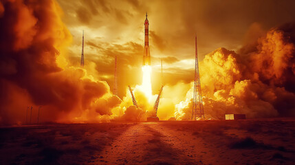 rocket launch from a spaceport in steppe in summer at sunset