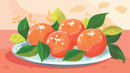 Plate with tasty tangerines and leaves on pink back