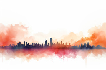 City skyline painted in shades of orange and pink as the sun dips below the horizon, isolated on solid white background.