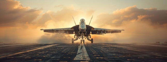 panoramic view wide poster of a generic military aircraft carrier ship with fighter jets take off