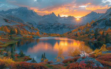 A breathtaking panoramic view of the great lake. The lake reflects the vibrant colors of autumn foliage. Created with Ai