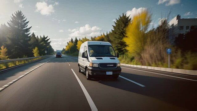 Time lapse white modern delivery small shipment cargo courier van on motorway road to city warehouse