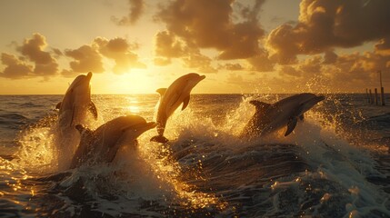 Elegant dolphins gracefully leaping out of water in a mesmerizing sunset painting