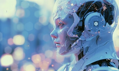 an artwork that captures the essence of Artificial Intelligence in contemporary society. Consider the multifaceted nature of AI technologies, including machine learning, natural language processing.