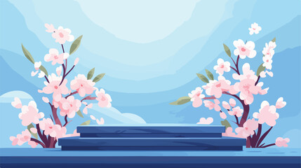Podium with blooming branches on blue background. H