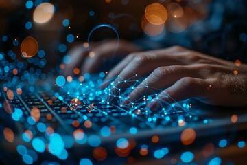 Close-up of a network administrators hands typing on a laptop with a complex network topology diagram visible on the screen, symbolizing cloud management