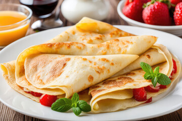 close up of two french style crepes, shallow dof. Some ingredients in the background