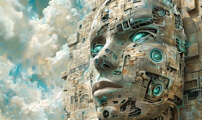 an artwork that captures the essence of Artificial Intelligence in contemporary society. Consider the multifaceted nature of AI technologies, including machine learning, natural language processing.