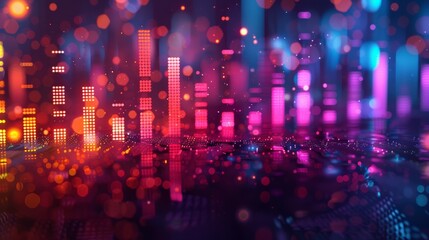 Colorful data chart background with blurred equalizer bars and bokeh lights. Abstract digital graphic design for presentation, banner or poster. Concept of music festival, partying in night club