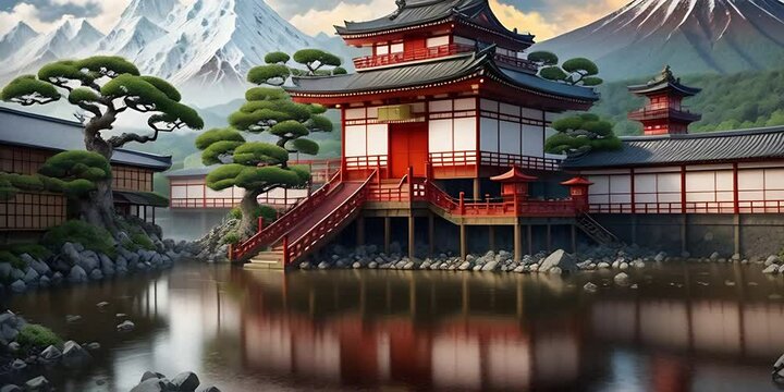 View of beautiful traditional Japanese temple village and dojo by lake