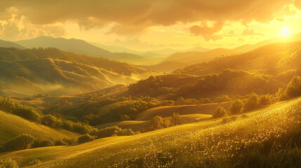 Sun-Kissed Valley A breathtaking vista of a valley basking in the golden glow of sunlight with rolling hills and meadows stretching as far as the eye can see. - obrazy, fototapety, plakaty