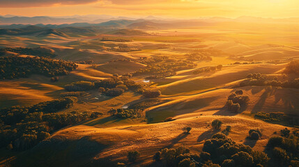 Golden Hour Valley A mesmerizing tableau of a valley bathed in the soft golden light of the setting sun with the landscape aglow in warm hues and long shadows stretching across the land.