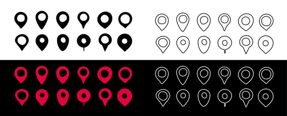 Hand drawn location pin icon. Doodle map pin place marker. Location icon. Cartoon map marker pointer icon set. GPS location symbol collection.