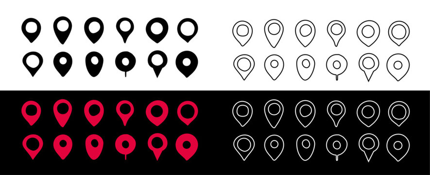 Hand drawn location pin icon. Doodle map pin place marker. Location icon. Cartoon map marker pointer icon set. GPS location symbol collection.