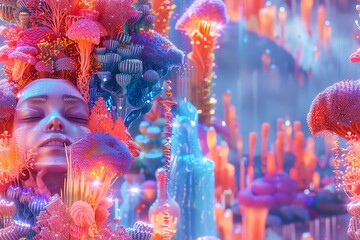 Capture the essence of tradition morphing into future with a surreal twist Show vibrant colors blending in unconventional camera angles