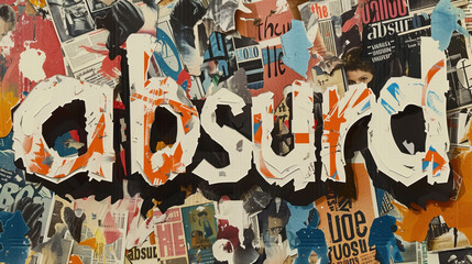 Abstract typography collage with vintage newspaper backgrounds featuring the word 'Absurd'".