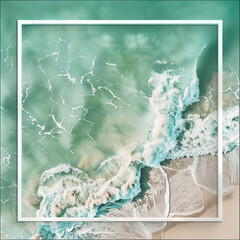 Summer seasonal background design with copy-space for text at center. Template for summer in abstract minimal style, smooth ocean wave with white frame at center in emerald color tone.