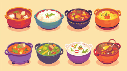 Pot of tasty rice soup on color background 2d flat