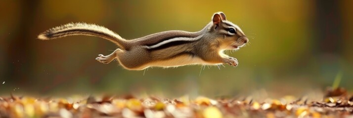 Obraz premium Chipmunk is caught in a jump, his fur coat is tousled by the wind, he flies through the air