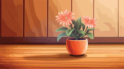 Pot with flower on wooden table 2d flat cartoon vac