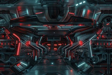 Craft a scene where futuristic technologies collide with horror elements in a frontal view Implement unexpected camera angles that reveal the sinister details