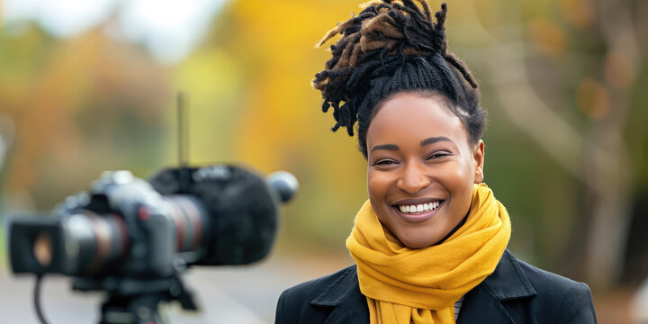 Female tv news, young smiling woman outside on street with microphone, copy space. Reporter broadcasting live from a public place.