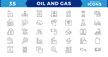 Oil and gas - Pixel Perfect thin line web icon set. Outline icons collection. editable stroke