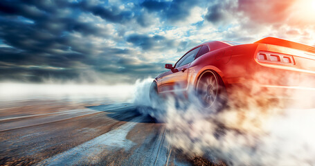 Sports red car drifts on a race track. Racing drift car with a lot of smoke. Copy space