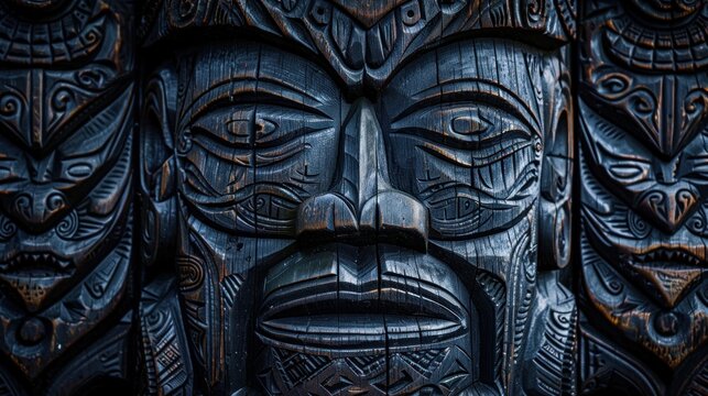 Wood carving totem face typical of Maori cultural artefacts, Matariki, banner, copy space