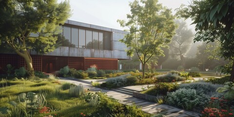 Obraz premium old brutalist villa in the morning sun with beautiful garden 